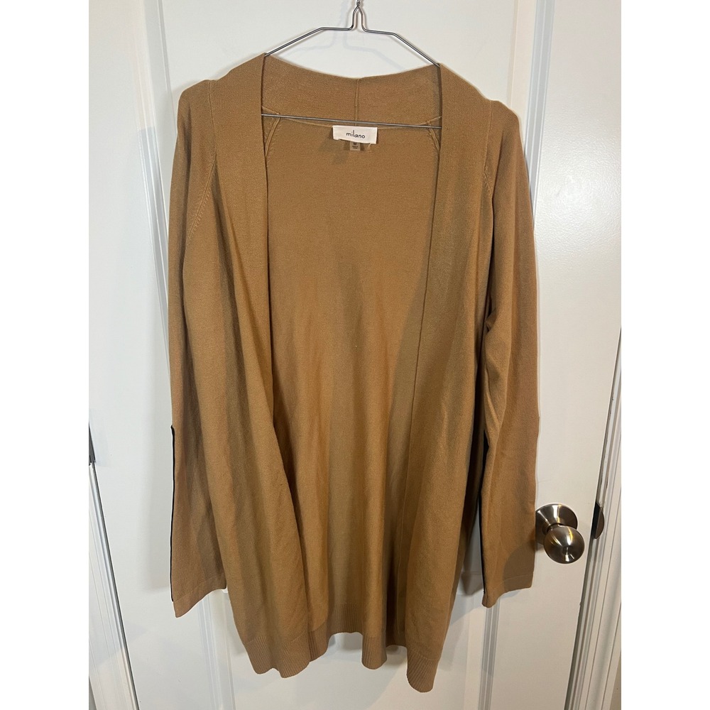 Milano Women‎ Cardigan Faux Leather Elbow Patches Camel Brown Medium